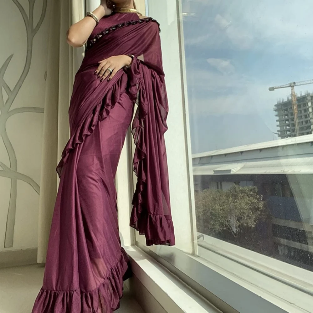 Wine designer brand new saree with unstitched blouse - Picture 2 of 4